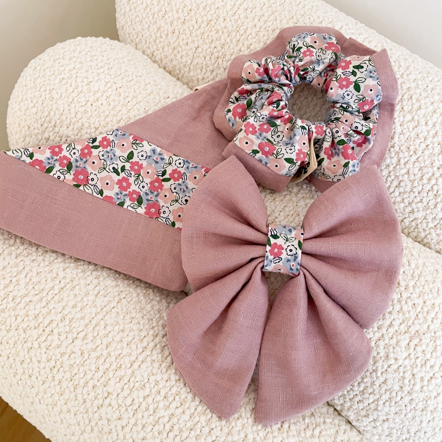 Forget-Me-Not Dusty Pink Bandana, Sailor Bow, and Scrunchie Set (Value: £39) | Spring Fling