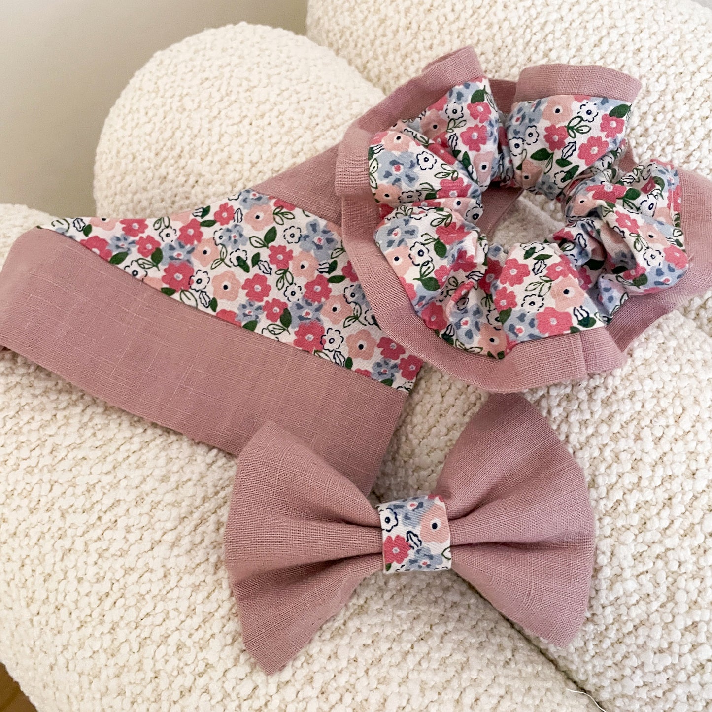 Forget-Me-Not Dusty Pink Bandana, Bow Tie, and Scrunchie Set (Value: £38) | Spring Fling