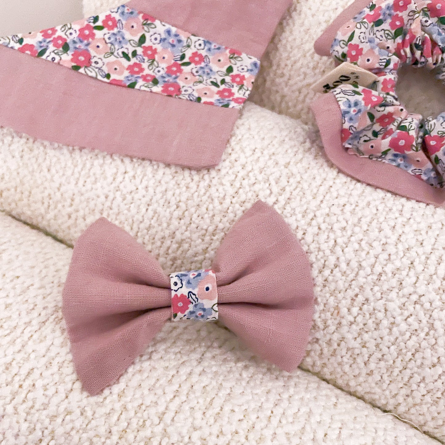 Forget-Me-Not Dusty Pink Bandana, Bow Tie, and Scrunchie Set (Value: £38) | Spring Fling